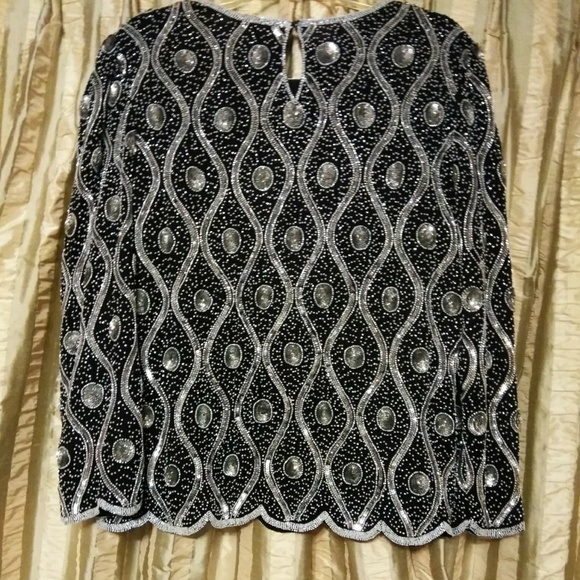 Large Vintage Royal Feelings Silk Beaded Formal Blouse - Picture 3 of 4